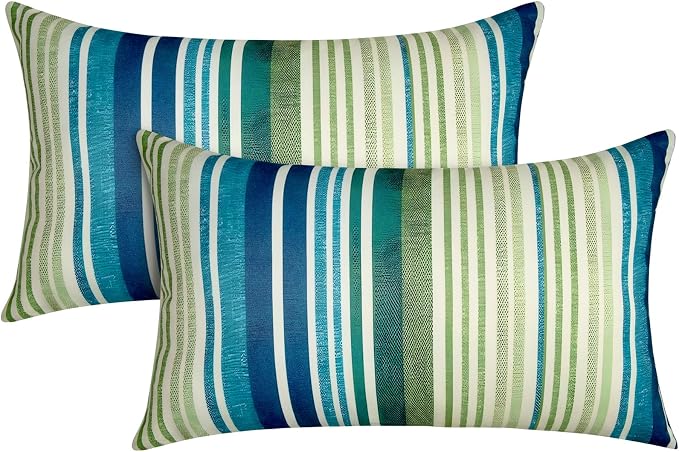 12x20 Waterproof Outdoor Pillows, Set of 2 Outdoor Lumbar Pillows | Patio Furniture Pillows, Decorative Throw Pillows, Waterproof & Fade Resistant, Removable & Washable, Stripe Blue Green