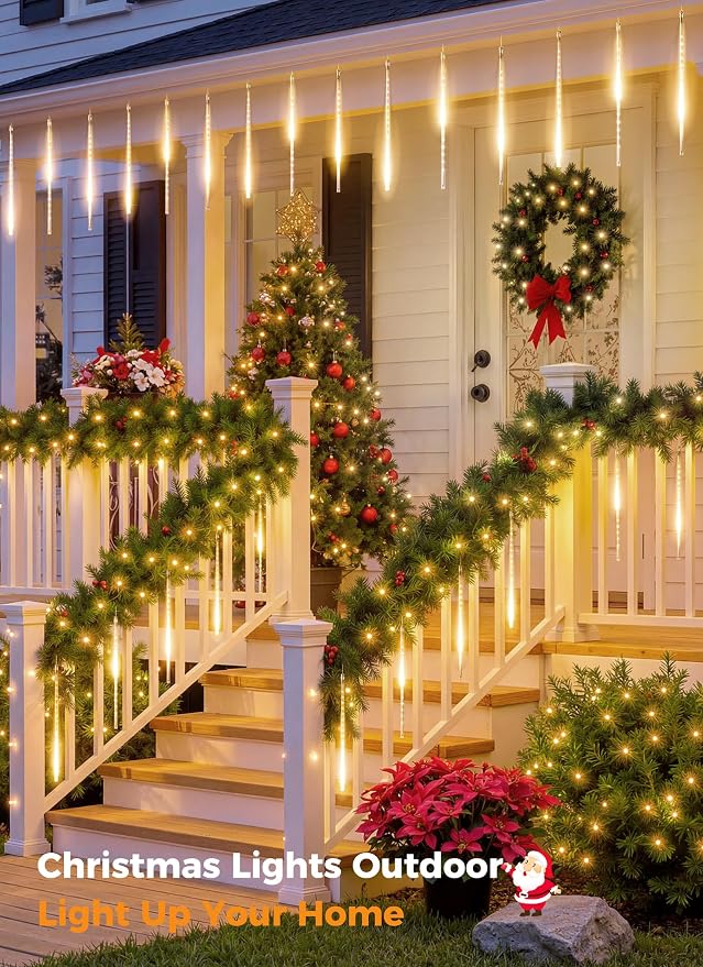 Meteor Shower Lights Outdoor,16 Inch 10 Tube 360 LED Icicle Christmas Light | Waterproof Snowfall Christmas Lights Outdoor,Connectable Hanging Falling Rain Light for Tree Roof Holiday, Warm White