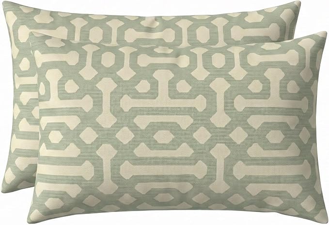 RSH DECOR: Sunbrella Lumbar Throw Pillows Set of 2 | 20" x 12" | Water and Fade-Resistant Performance Fabric | Outdoor Pillow Covers with Down-Alternative Inserts | Made in USA (Fretwork Mist)