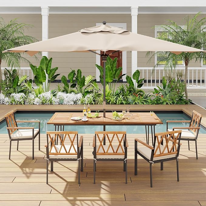 Tangkula 86.5" Large Patio Dining Table for 8, Acacia Wood 8-Person Dining Table with 2" Umbrella Hole & Metal Legs & Adjustable Foot Pads, Rectangular Outside Table for Garden, Poolside & Backyard