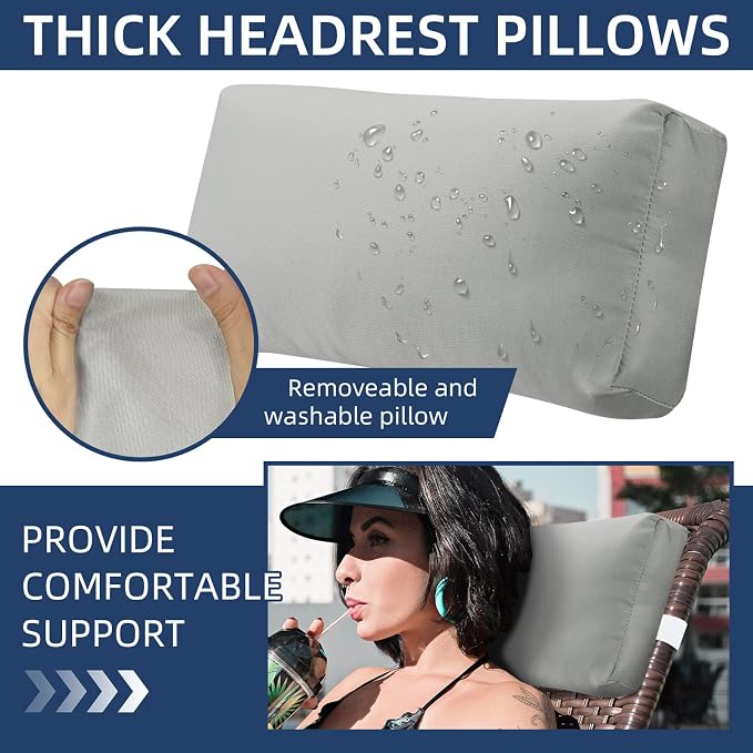 Large Headrest Pillow for Pool Chaise Lounge, 2 Pcs Gray Pool Lounge Pillows Outdoor with Elastic Band for Recliner and Pool Patio Chairs, Head Neck Support Pillow