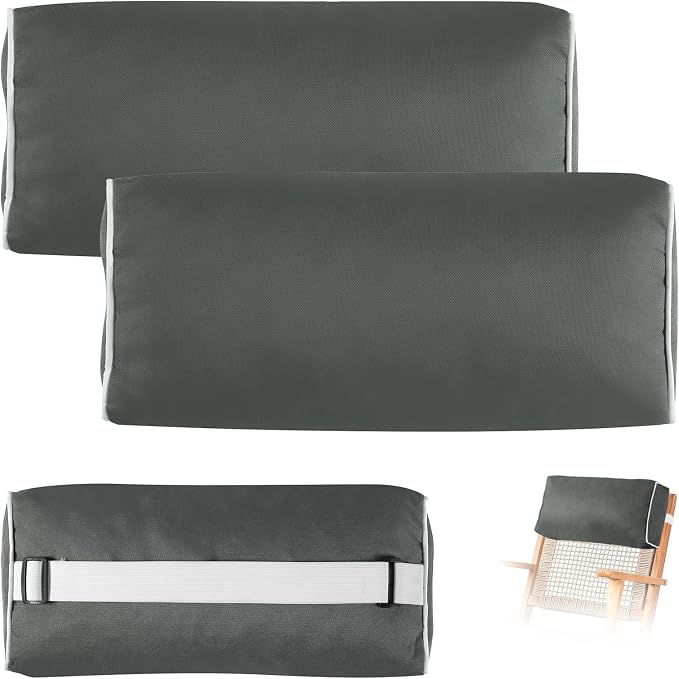 2 Pack Outdoor Chaise Lounge Head Pillow, Patio Pool Chair Pillows Water Resistant Headrest Pillow Lumbar Pillows with Insert and Adjustable Elastic Strap for Recliner Beach Chair, Dark Gray