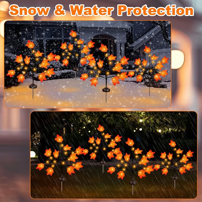 Rossesay 4 Pack Outdoor Fall Solar Lights Decorations Thanksgiving Waterproof Orange Maple Leaf Lights, Autumn Artificial Tree for Halloween Christmas Party Yard Garden Decor, 10 LED 8 Modes