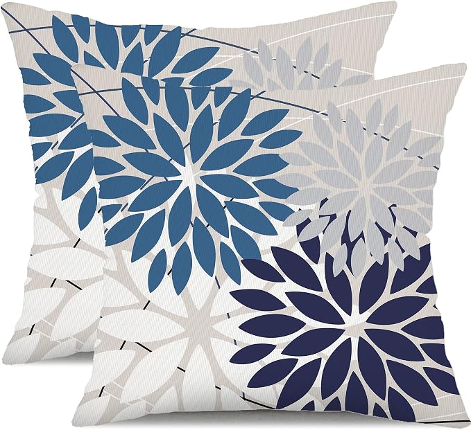 DFXSZ Pack of 2 Outdoor Waterproof Throw Pillow Covers 18x18 Blue White | Polyester Colorful Spring Summer Floral Decorative Cushion Cases(NO INSERT),For Couch Patio Funiture Garden Home Decor