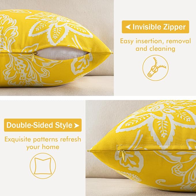 Decorative Outdoor Floral Pillow Covers Set of 2 18x18 Yellow | Waterproof Boho Farmhouse,Decorative Throw Pillow Covers,Summer Coastal Accent Pillowcases,Patio Furniture Garden Sofa