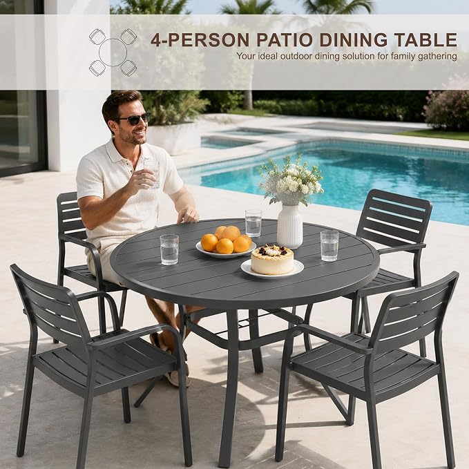 Patio Dining Table for 4,Steel Slatted Round Outdoor Table with Adjustable Umbrella Hole,41",Black