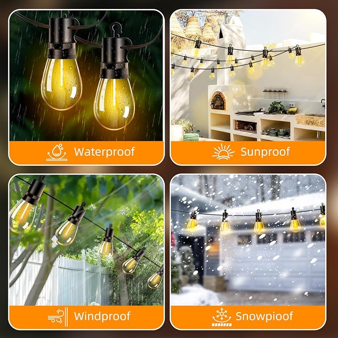 Outdoor Patio String Lights 50ft: S14 LED Shatterproof Bulbs 3 Modes Button Control - Waterproof Connectable Hanging Lights - Garden Backyard Yard Gazebo Porch Party Decorative