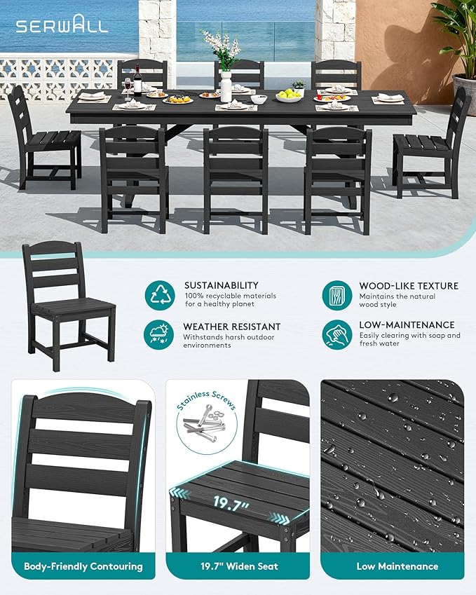 SERWALL Outdoor Armless Dining Chairs Set of 2, All-Weather HDPE Patio Chair with 19.7" Widened Seat, for Backyard, Garden, Black