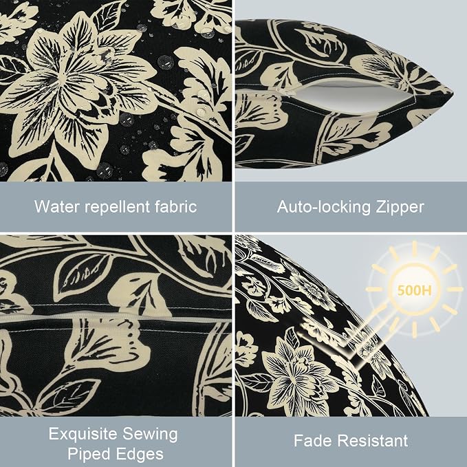 LVTXIII Outdoor/Indoor Lumbar Pillow Covers, Patio Decorative Lumbar Pillow Covers, All Weather Cushion Cases for Sofa, Patio Couch Decoration 12x20, 2 Pack, Elegant Vines Black