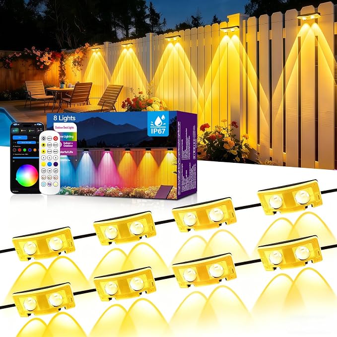 AHAWILL Fence Lights Outdoor 8 Packs,Smart RGB Fence Lighting with APP&Remote Control,IP67 Waterproof Fence Lights,DIY Scene Modes,LED Light for Fence,Patio,Yard,Garden(50ft)