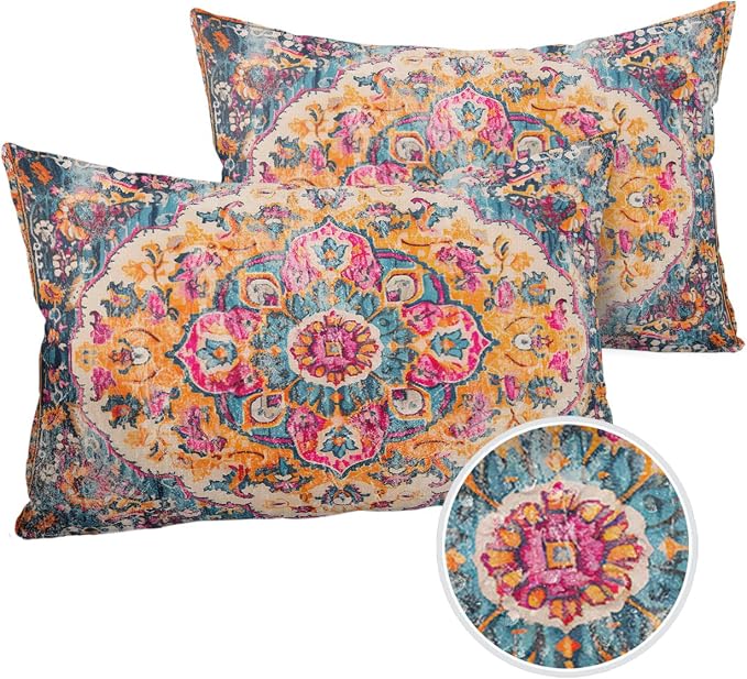 Prime Leader Outdoor Waterproof Pillow Covers Set of 2, Geometric Abstract Carpet Flowers Pattern Pink Patio Throw Pillow Covers, Decorative Cushion Case for Couch Sofa Furniture Garden, 20x12 Inch