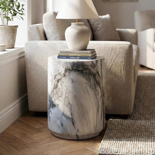 24/7 Shop at Home Ranera Modern 14-inch Natural Stone Side Table with Round Drum Base, Marble Nightstand, Patio End Table, for Living Room, Covered Outdoor Spaces, Balcony, Blue Gray Marble