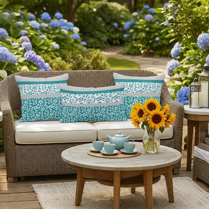 Teal Floral Outdoor Pillow Covers 20x20 Inch Throw Pillow Covers Set of 2 Waterproof Decorative Pillow Cases Botanical Blossom Motif Boho Grey Stripes Cushion Covers for Patio Furniture Garden Couch
