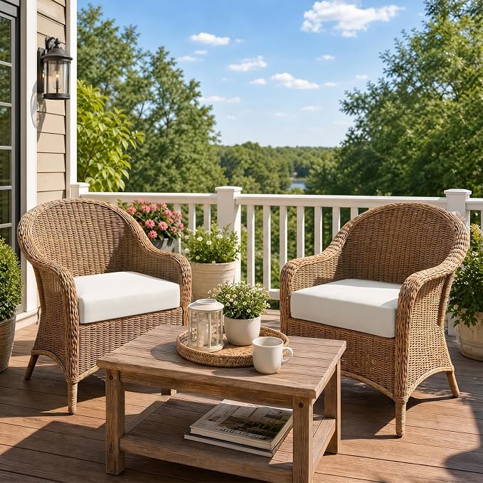 Aoodor Patio Chair Cushions Set of 4, 24 x 24 x 4 Inch Water Resistant Outdoor Seat Cushions with Handle and Ties, Square Corner Cushions for Patio Furniture Garden Lawn, Ivory