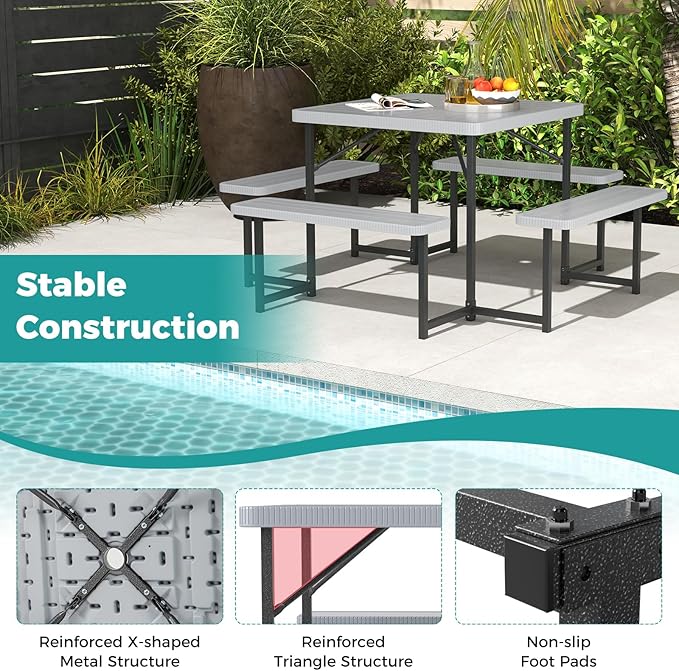 Byroce Outdoor Picnic Table for 4-8 Person, HDPE Picnic Camping Table Set with 4 Benches, Umbrella Hole & Metal Frame, Heavy Duty Square Dining Table Chairs for BBQ in Patio, Yard & Poolside (Gray)