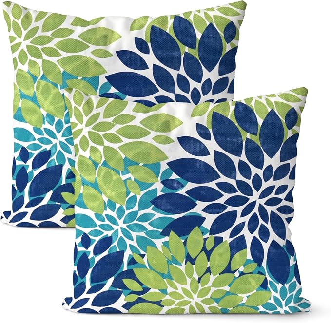 M METERXITY 2-Pack Pillow Cover 16x16 Linen, Blue Green | Water Resistant Floral Decor Slipcover, for Patio, Balcony, Garden, Outdoor Pillow Case