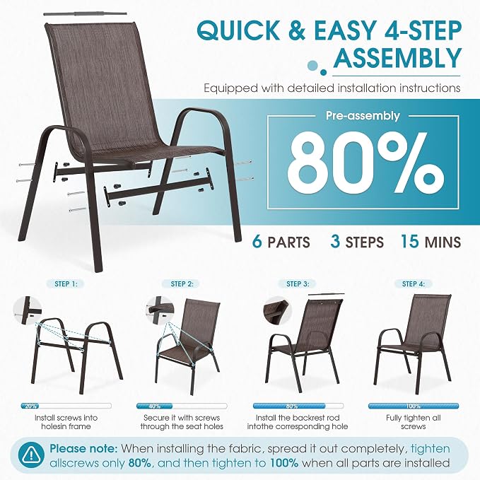 24.4" Wide Outdoor Stackable Chairs Set of 4, Stacking Patio Chairs with Textilene Fabric, Outside Furniture for Garden Backyard Balconie Poolside Deck, Brown