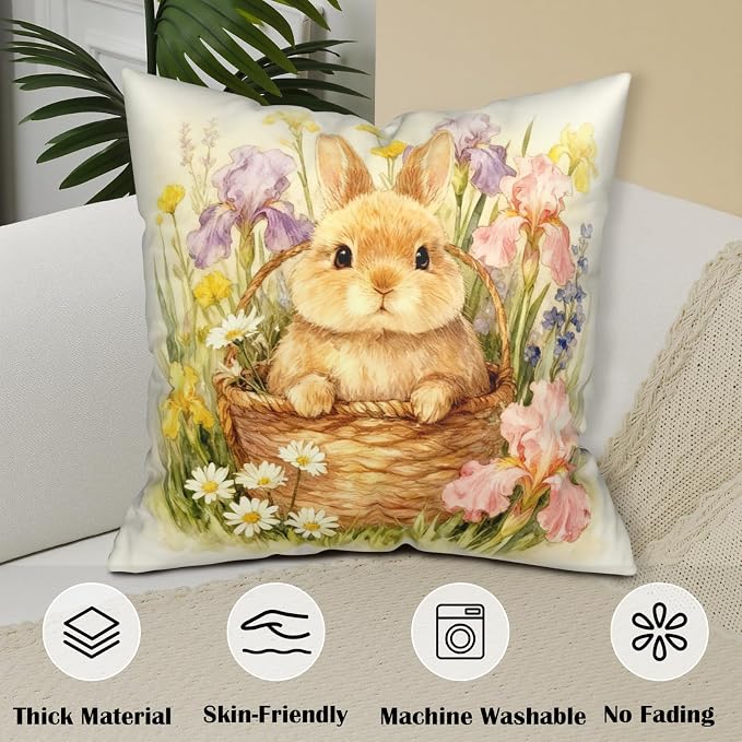Set of 2 Spring Easter Throw Pillow Covers Watercolor Lovely Bunny Pillow Covers 24x24 Rabbit Daisy Iris Floral Pillow Cases Spring Holiday Cushion Cases for Home Sofa Decor