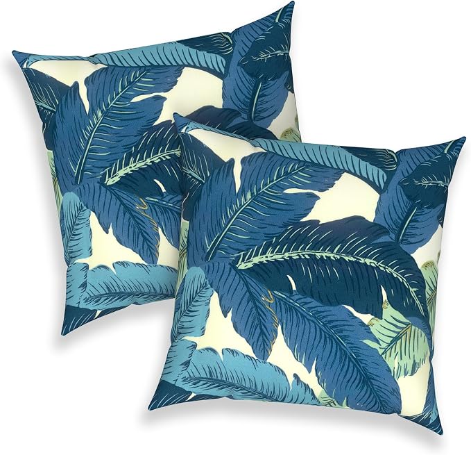 Outdoor 16x16 Inch Throw Pillow Covers Set of 2, All Weather Square Pillow Cases, Covers ONLY, Patio Cushion Pillow of Home Furniture Use, Swaying Palms Blue