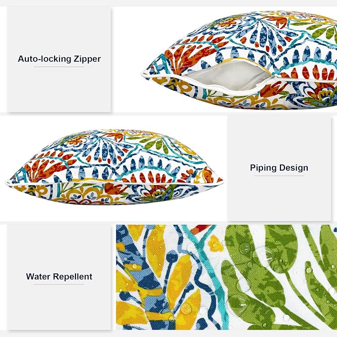 Outdoor Throw Pillows Inners, Fade Resistant Patio Furniture Square Pillows with Piping Set of 2 for Patio Furniture, 18x18 Inch, Paisley Multi