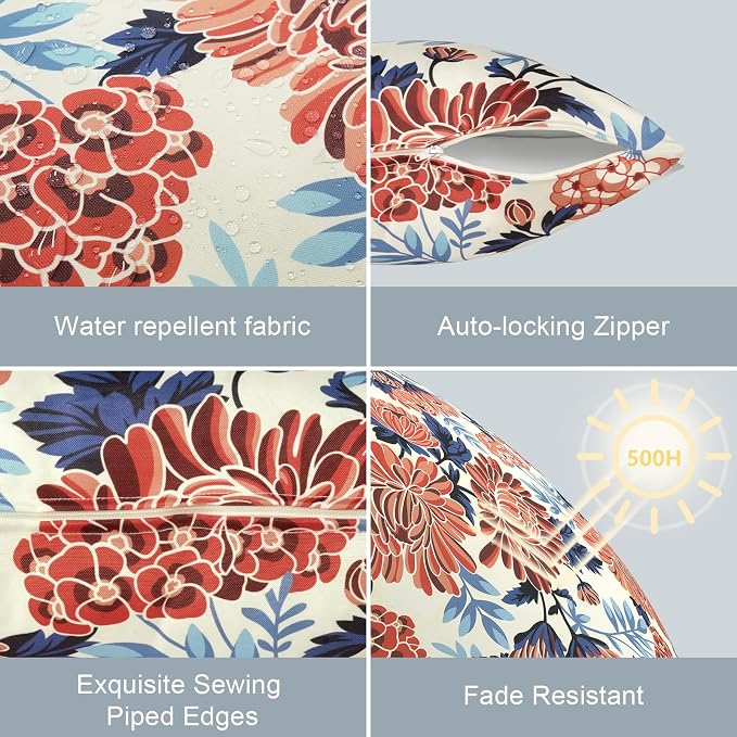 LVTXIII Set of 2 Patio Lumbar Pillow Covers ONLY, 12" x 20" Fade Resistant Outdoor Lumbar Pillow Cases, Fluffy Decorative Garden Lumbar Cushions Covers for Home Patio Coach Sofa Use, Red Chrysanthemum
