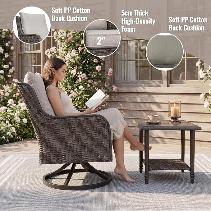 3 Pieces Patio Furniture Sets-Swivel Patio Chairs with High Back Cushions and Wicker Outdoor Side Table,All Weather Patio Conversation Set for Garden Backyard Porch Deck