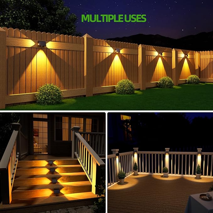 JSOT Solar Fence Lights Outdoor - 8 Pack Solar Lights Outdoor Waterproof Ideal for Deck Rail Stair Step Decoration 3 Large LEDs 5 Lighting Modes Outside Lights-Warm Light
