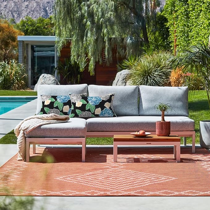 LVTXIII 2 Pack Outdoor Lumbar Pillows 12x20 Inch with White Piping, Fade Resistant Support Throw Pillows with Inserts for Patio Furniture, Sofa, Chair, Sketch Peony