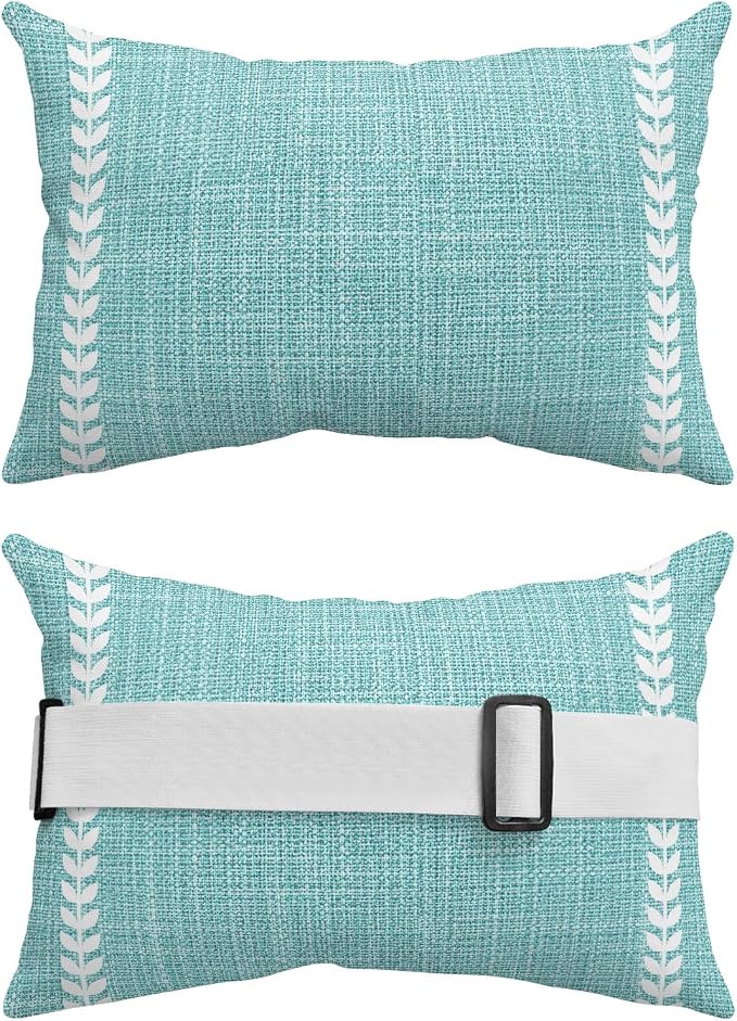 Bohemia Turquoise Outdoor Lumbar Pillows 12x20 Set of 2, Modern Simple White Striped Summer Waterproof Throw Pillow Covers with Insert, Decorative Support Pillows for Lounge, Chaise