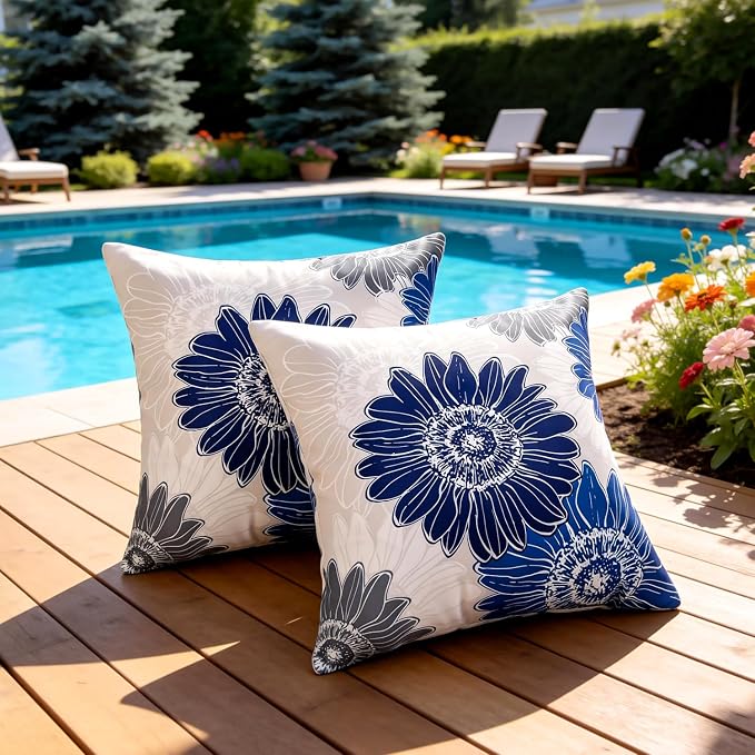Outdoor Pillow Covers 18x18 Decorative Waterproof Floral Cushion Covers Summer Square Throw Pillow Covers Blue Grey Sunflower Throw Pillowcase Set of 2 for Living Room Sofa Patio Furniture Garden