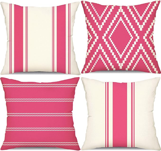 DFXSZ Outdoor Hot Pink Waterproof Geometry Pillow Covers 18x18 Set of 4 | Summer Waterproof Modern Throw Pillowcases（No Inserts） Outdoor Decor for valentines Patio Funiture Garden Polyester Covers
