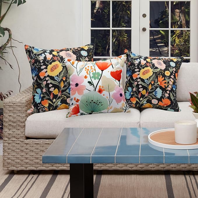 Floral Outdoor Throw Pillow Covers 18x18 Waterproof Colorful Summer Spring Garden Decorative Square Patio Pillows Outdoor Pillows Covers for Patio Furniture Set of 2 (No Pillow Insert)