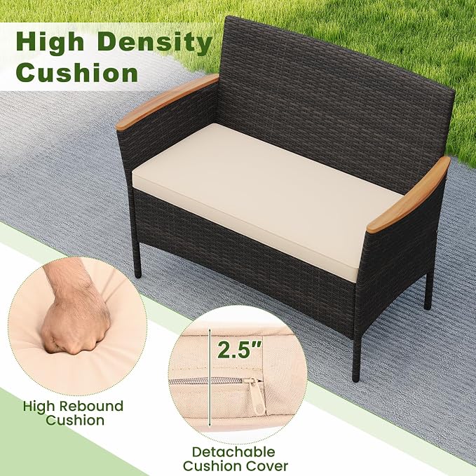 HAPPYGRILL 8 Pieces Outdoor Patio Rattan Furniture Set, Rattan Conversation Set with Chairs & Loveseat, Acacia Wood Tabletop & Armrest, Outdoor Cushion Sofa Set for Backyard Patio Poolside