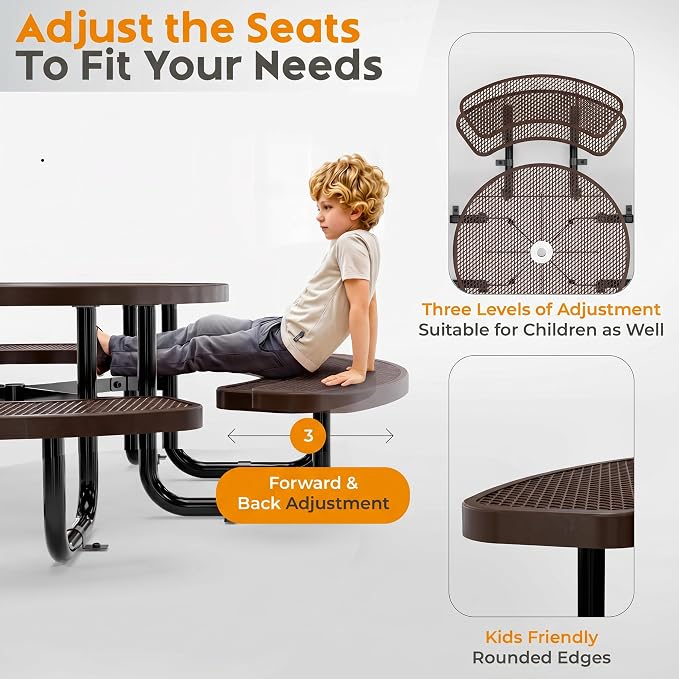 Round Metal Picnic Tables for Kids for Outdoors with Umbrella Hole, Adjustable Seats for School, Park, Playground (Brown, 38 in, Kids, Expanded Steel)