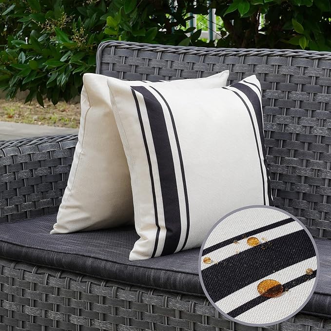 ONWAY Outdoor Pillow Covers Waterproof 16x16 Set of 2 Decorative Linen Throw Pillow Cover Beige and Black Striped Outdoor Pillows for Patio Furniture
