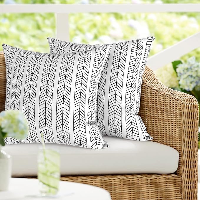 DYTXIII Pack of 2 Waterproof Outdoor Pillow with Inserts, 18x18 Square Patio Decorative Throw Pillow for Home,Sofa,Bench and Patio Furniture,Herringbone Black White