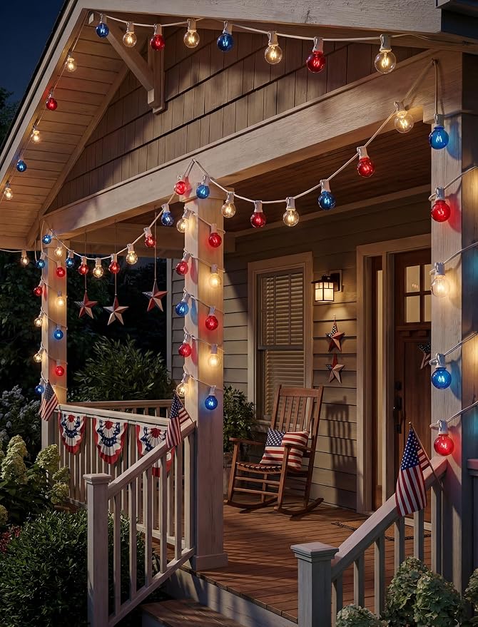 4th of July Decorations String Lights, 25Ft Outdoor Patio String Lights with 27 G40 Red White and Blue Light Bulbs(2 Spare), Independence Day Lights for Patriotic Party Garden Festival Decor- White