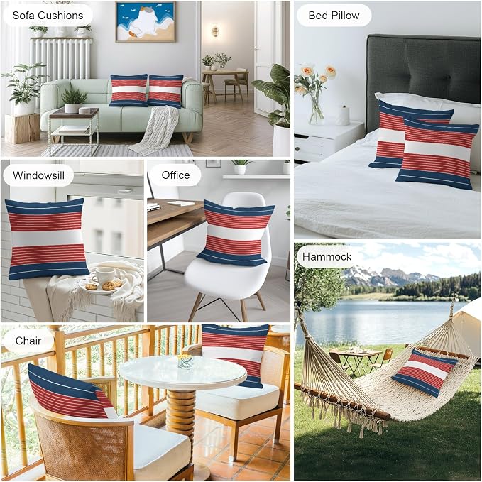 Navy Blue Red Stripe Outdoor Pillow Covers Waterproof, All Weather Cushion Case Set of 2, Modern Art Horizontal Striped Decorative Pillowcases for Sofa Couch Bed Decor Patio Furniture 16"x16"