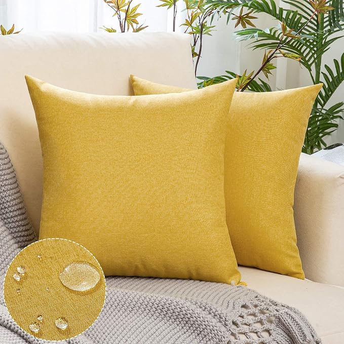 Outdoor Waterproof Throw Pillow Covers Yellow 16x16 Set of 2 | Decorative Farmhouse Linen Pillowcases Solid Cushion Cases for Patio Tent Balcony Couch Sofa Living Room