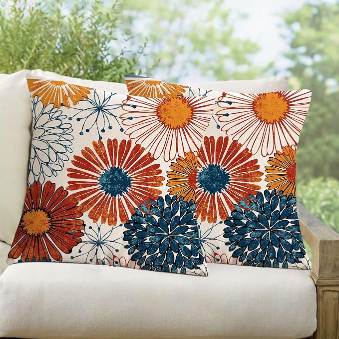 Navy Blue Dahlia Flower Outdoor Waterproof Throw Pillow Covers Set of 2 Abstract Floral Printed Outdoor Pillow Covers for Patio Furniture, Porch, Garden 18x18 Inch