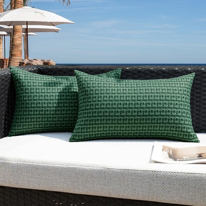 Kevin Textile Outdoor Waterproof 14"x24" Pillow Covers 2 Pack, Dark Green | Water Resistant Weaving Faux Linen Texture Throw Pillow Covers, Outside Decorative Pillowcases for Garden Patio Balcony Couch