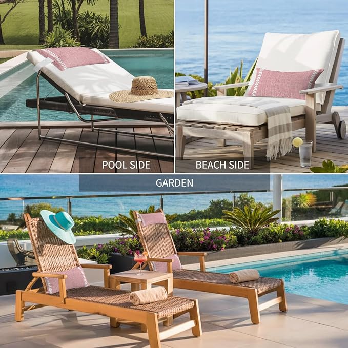 Pink Linen Outdoor Lumbar Pillow 11x16 Inch, Modern Rustic Simple Stripes Botanical Waterproof Throw Pillow Covers with Insert, Decorative Chair Cushions for Patio Garden Recliner