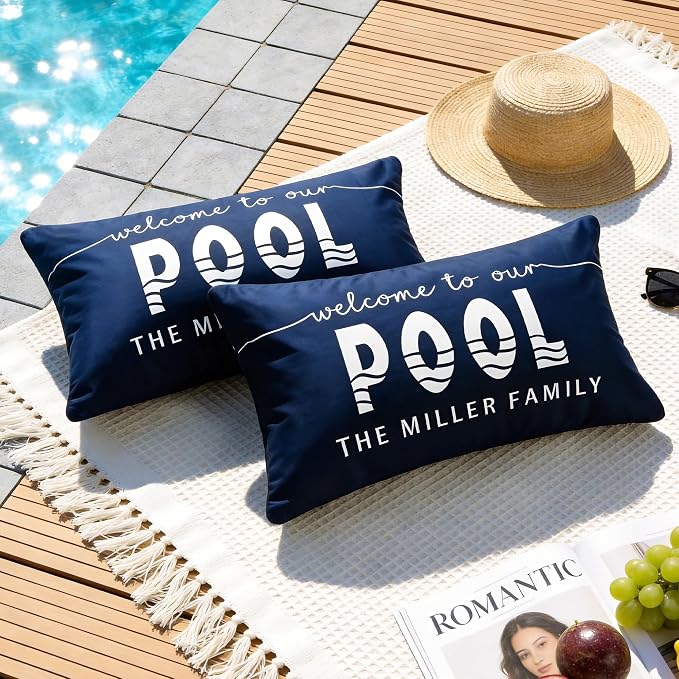 Waterproof Outdoor Pillow Covers 12x20 Inch Set of 2 | Welcome to Our Pool Navy Blue Outdoor Throw Pillow Covers, Summer Decorative Cushion Cases for Patio Garden Porch Sofa