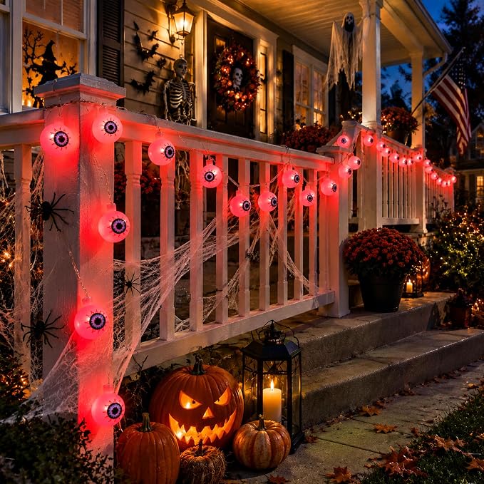 Crazy Night Halloween String Lights 10Ft 20 LEDs Battery Operated Red Eyeball Lights with Steady Flashing Modes Halloween Party Decor