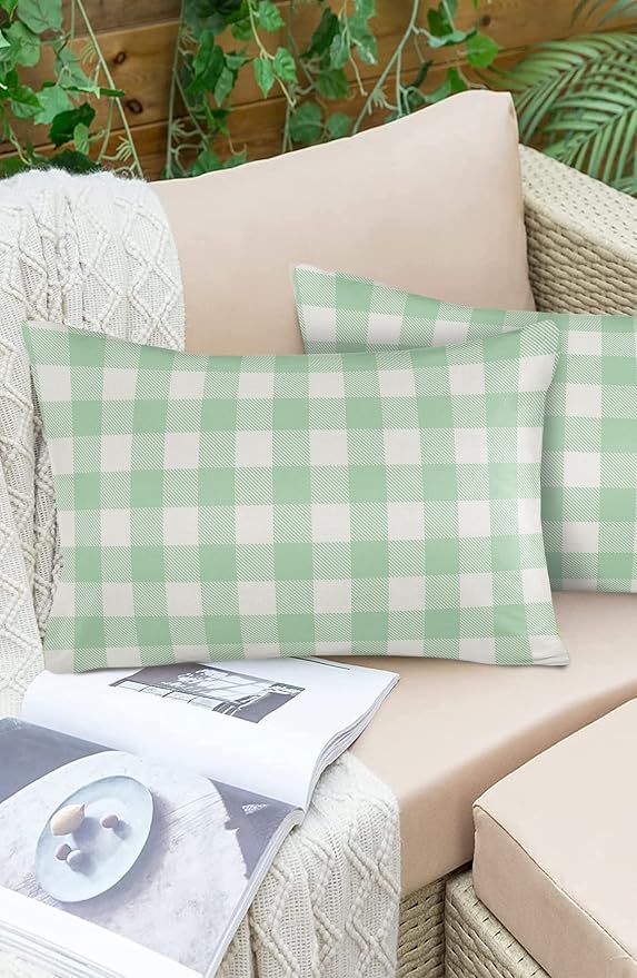 Outdoor Waterproof Throw Pillow Covers Set of 2 Light Green Buffalo Check Plaid Lumbar Pillowcases 20x12 Inches Farmhouse Style Decorative Pillows Cushion Case Patio Pillows for Couch Bed Garden