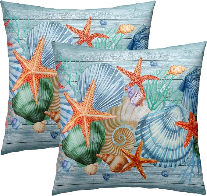 Nautical Coastal Starfish Throw Pillow Covers 20x20 Set of 2, Summer Ocean Beach Coral Wood Decorative Pillow Cases Cotton Cushion Cover for Home Sofa Couch Wedding Anniversary Decor