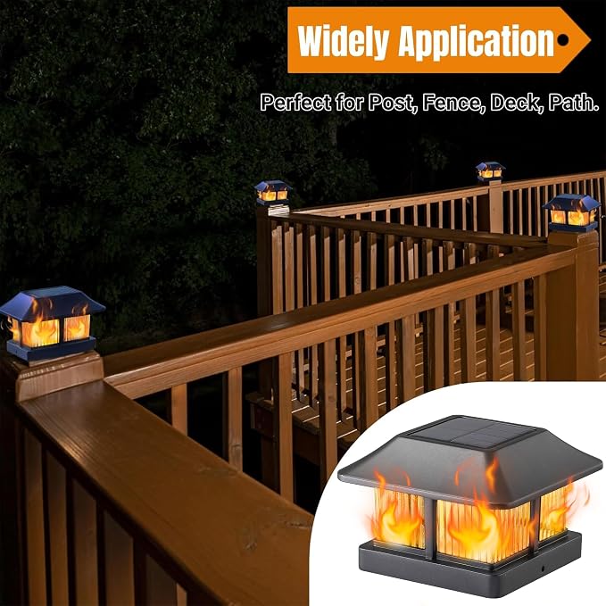 Dynaming Solar Flame Post Cap Lights Outdoor, Solar Powered Fence Post Light, Flickering Flame LED Lantern Lamps Waterproof for Garden Deck Patio, Fit 4x4 Wooden/Vinyl Posts, 8 Pack