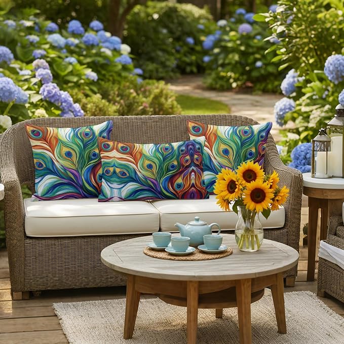 Colorful Peacock Feathers Outdoor Pillow Covers 24x24 Inch Throw Pillow Covers Set of 2 Waterproof Decorative Pillow Cases Oil Painting Abstract Art Cushion Covers for Patio Furniture Garden Couch