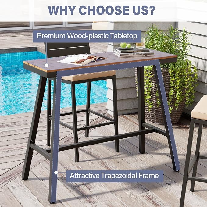 Crestlive Products Outdoor Bar Table, Patio Pub Table, 43'' Patio Bar Height Table with Weather Resistant Waterproof Top for Balcony, Bistro, Garden, Backyard, Poolside, Indoor (Brown)