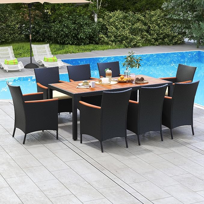 HAPPYGRILL 9 Pieces Outdoor Dining Set for 8, Patio Conversation Set with Acacia Wood Tabletop, Umbrella Hole, Washable Seat Cushions, Rattan Dining Table & Chair Set for Garden Yard Poolside